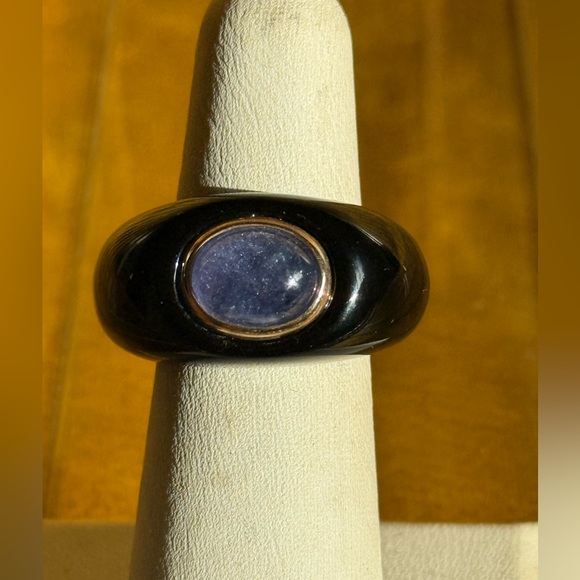 Women’s 10k gold black onyx amethyst cocktail ring cabochon!